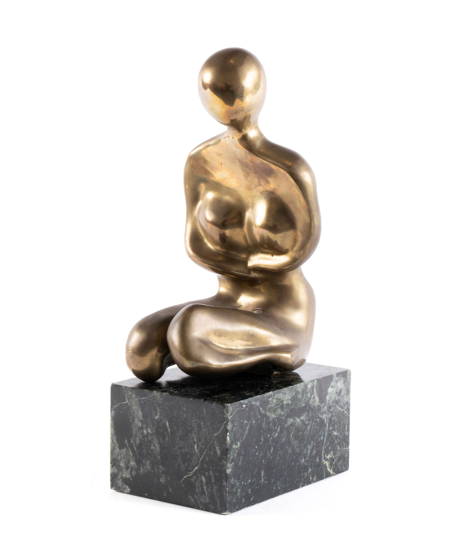 MODERN BRONZE NUDE: MODERN BRONZE NUDEMid-20th century, bronze, unsigned. Brass-tone finished figure of a kneeling woman resting on a green marble base, in the manner of Henry Moore or Jean (Hans) Arp.Bronze: 9 1/2 in. (