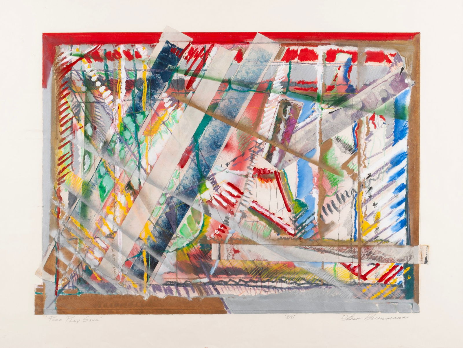 ARTHUR GRUNMANN (AMERICAN, 1938-2016): Arthur GrunmannAmerican, 1938-2016Pure Play Sails, 1988Mixed media, signed and datedColorful abstract collage, behind glass and framed.Image: 33 1/4 x 44 1/2 in. (84.5 x 113 cm.), frame: 49 x 61 in.