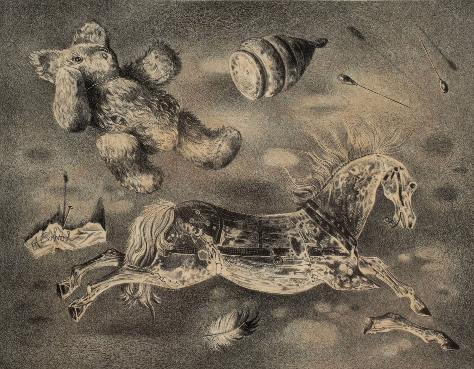 AARON BOHROD (AMERICAN, 1907-1992): Aaron BohrodAmerican, 1907-1992ToysLithograph, signed in graphiteSurrealist still life of a toy horse, top, jointed bear and hat pins, set behind glass and framed. Label to verso from Associated Ameri