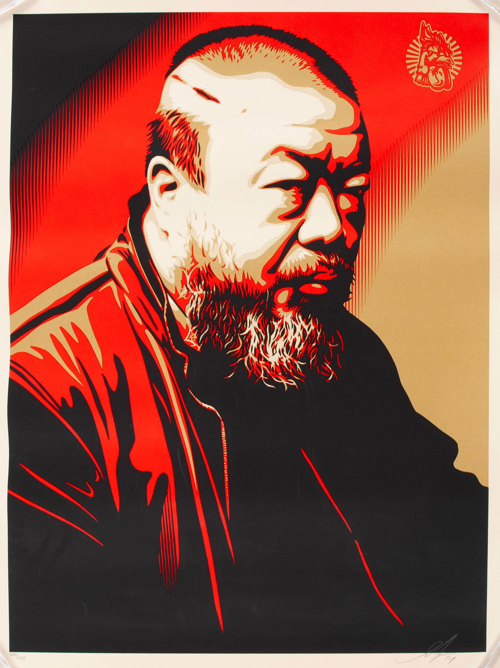 SHEPARD FAIREY (AMERICAN, B. 1970): Shepard FaireyAmerican, b. 1970Portrait of Ai Weiwei, 2009Screenprint poster, signed in graphite, edition 259/375Posterized portrait of the artist in red, black, and beige, with rooster upper right; u
