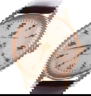 GIRARD-PERREGAUX 14K GOLD GYROMATIC WRISTWATCH: GIRARD-PERREGAUX 14K GOLD GYROMATIC WRISTWATCHSwiss, automatic men's wristwatch marked 14k (L) to the gold case, white dial, serial #357641, with brown Kreisler band.Circumference range: 7 1/2 in. to