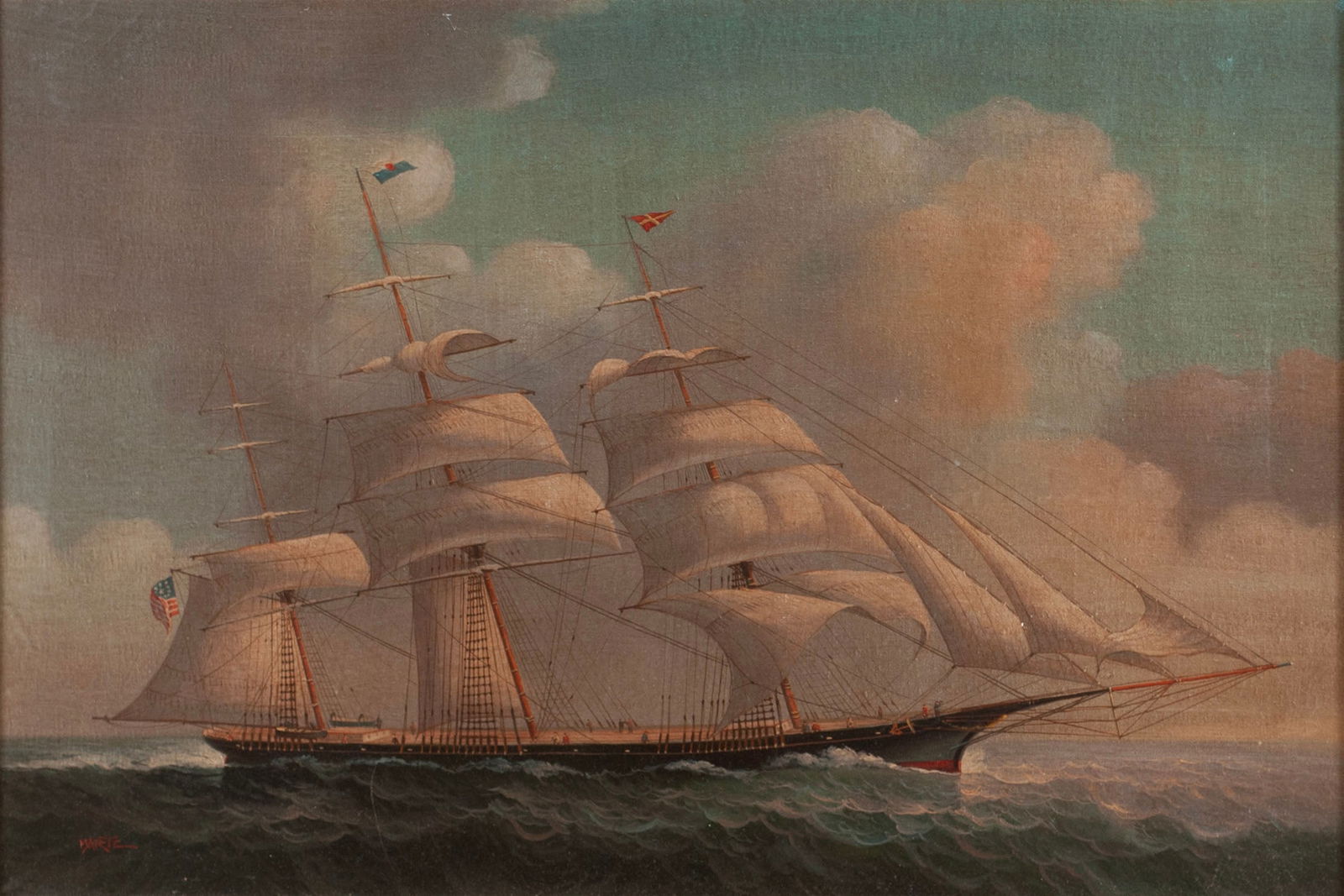 MARITIME PAINTING BY HENRY MARTZ (AMERICAN, B. 1895) BELONGING TO MORTON MAY: MARITIME PAINTING BY HENRY MARTZ (AMERICAN, B. 1895) BELONGING TO MORTON MAYOil on canvas, signed lower left. Three-masted ship flying Finnish, American, and Croatian flags, gilt framed.Stretcher: 24