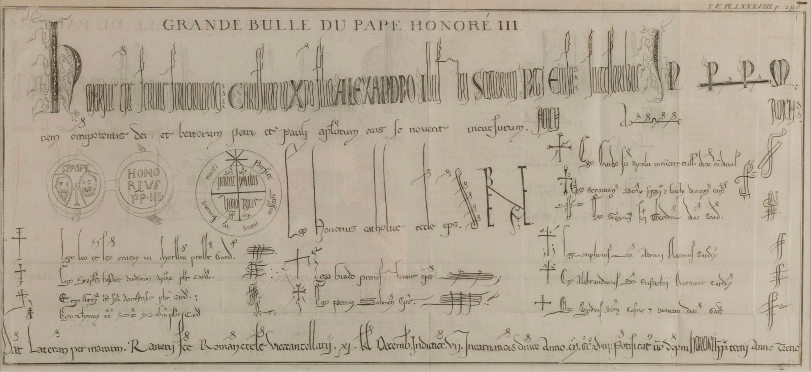 PAPAL BULL OF POPE HONORIUS III: PAPAL BULL OF POPE HONORIUS IIIA copper plate engraving of a decree by Pape Honore (Cencio Savelli), 1216-1227, "Pl. LXXXVIII p. 290" upper right, with depictions of two sides of a lead bull