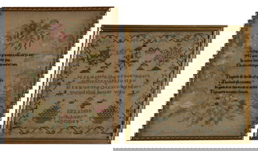 PAIRING OF ANTIQUE SAMPLERS: PAIRING OF ANTIQUE SAMPLERSAmerican, first half 19th century, needlework. Two handwork samplers, mounted behind glass and framed. The first by Elizabeth Ann Jagelman, 1849, with foliate, harvest, and