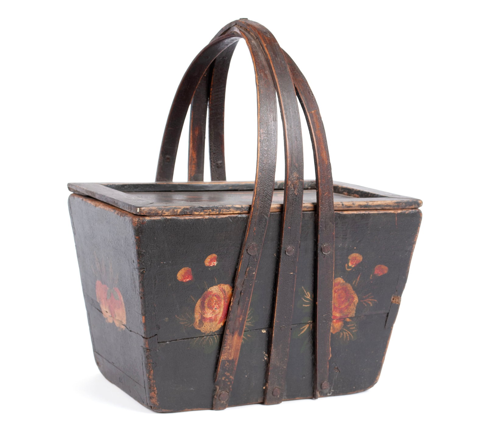 WOODEN BASKET: WOODEN BASKET Chinese, 19th/20th century. Three-strap handle over the removeable lid covering the tapered, rectangular body painted with fruit and flowers. 16 1/4 x 9 3/4 x 12 3/4 in. (41.3 x 24.8 x 3