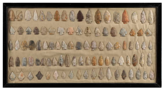 LARGE COLLECTION OF NATIVE AMERICAN POINTS AND OTHER ARTIFACTS: LARGE COLLECTION OF NATIVE AMERICAN POINTS AND OTHER ARTIFACTSDug in central Missouri including Gourd Creek in Phelps County. Spear heads, arrowheads, scrapers and more, ninety-seven (97) pieces in tr