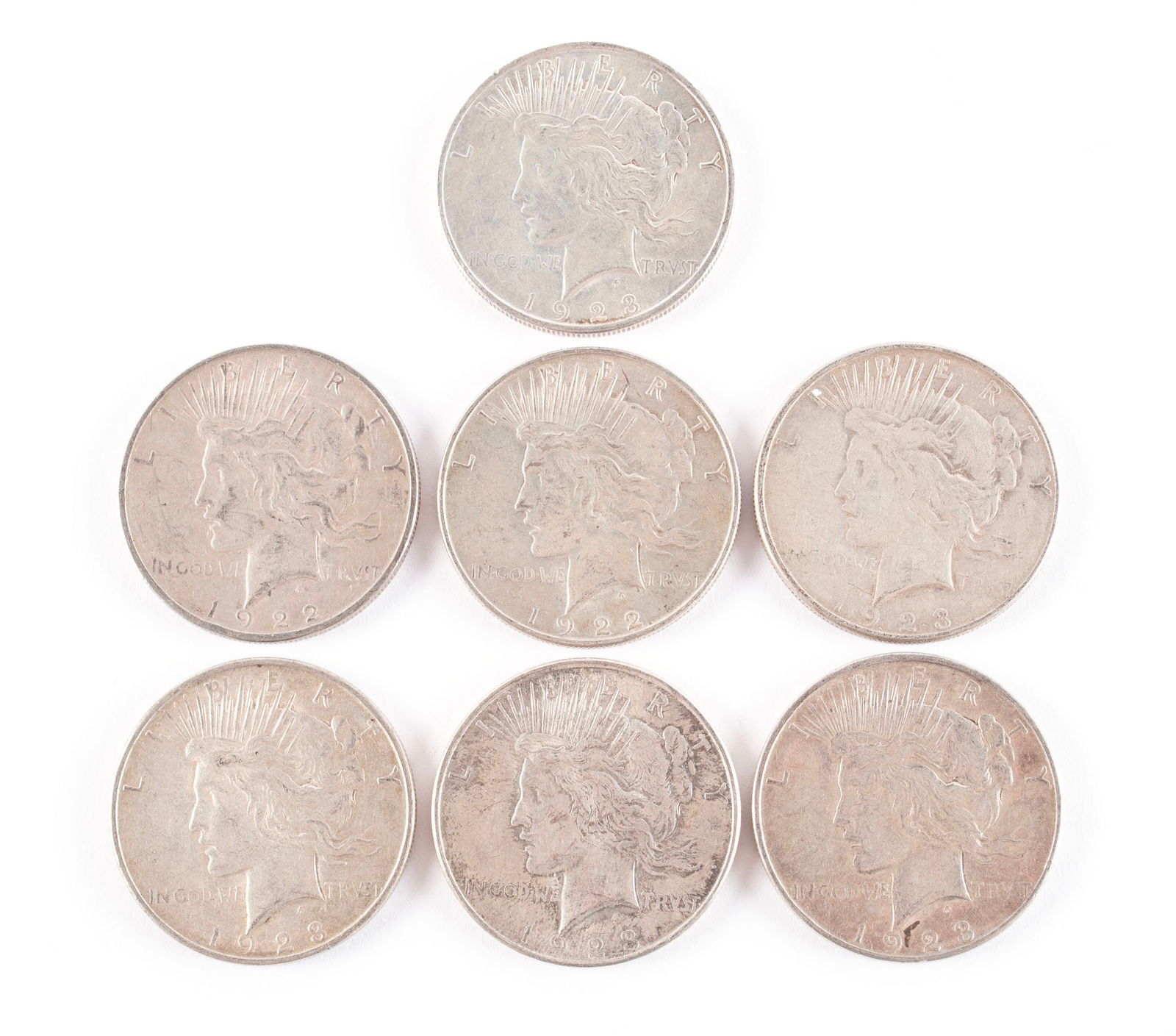 SEVEN U.S. SILVER PEACE DOLLARS (1 of 7)