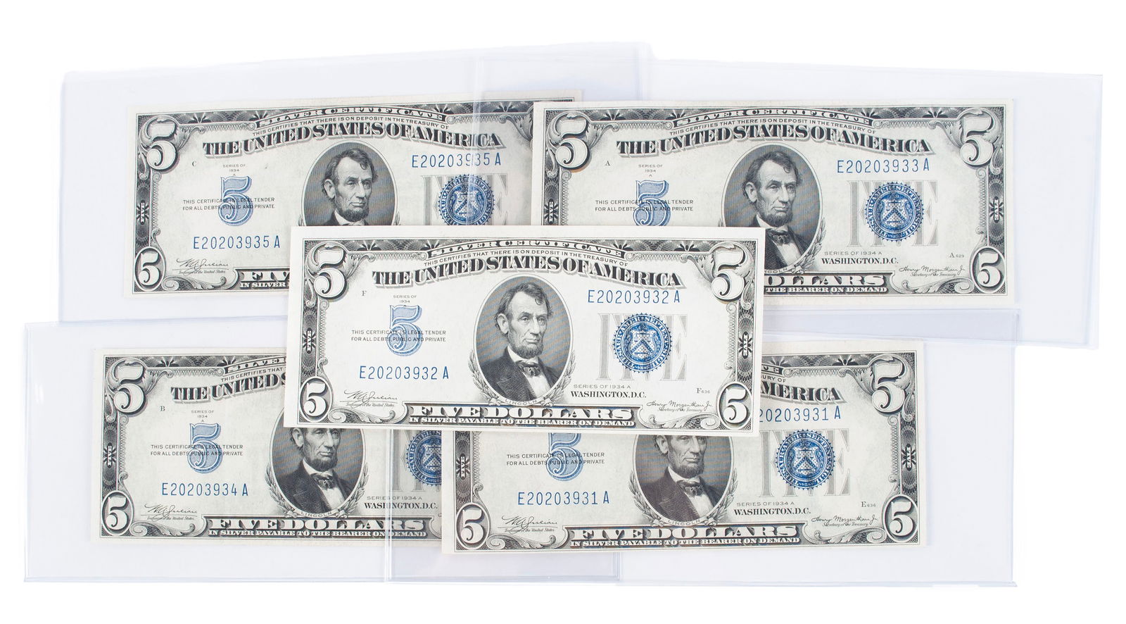 FIVE 1934-A U.S. FIVE DOLLAR BLUE SEAL CERTIFICATES (1 of 4)