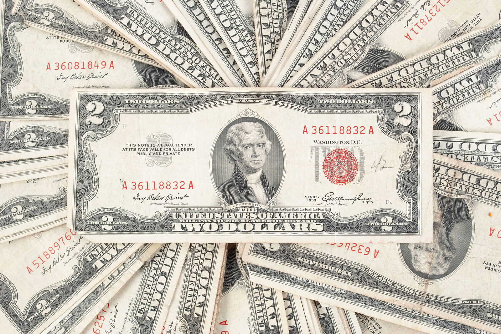 FIFTY-SEVEN U.S. 1953 TWO DOLLAR RED SEAL NOTES (1 of 5)