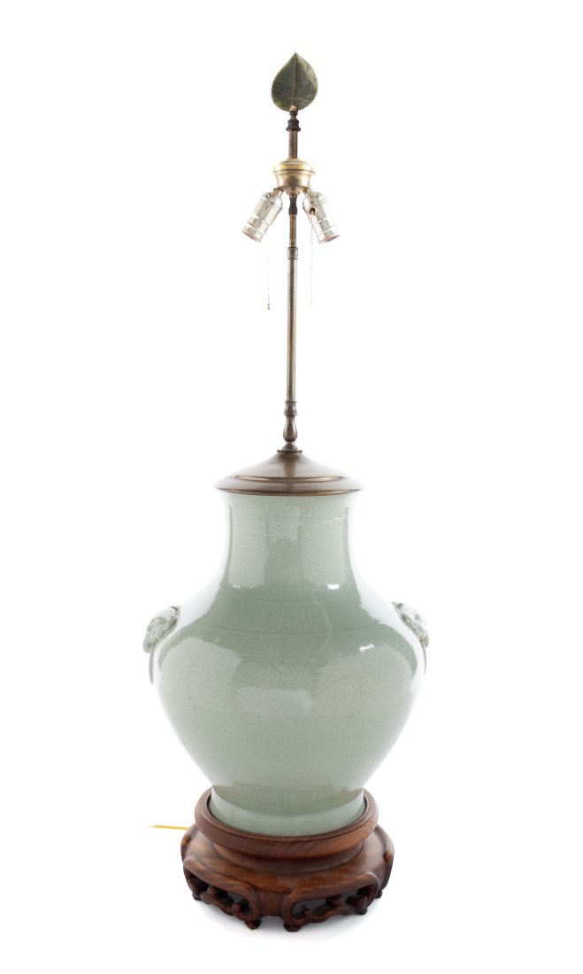 LARGE CELADON VASE MOUNTED AS A TABLE LAMP (1 of 10)