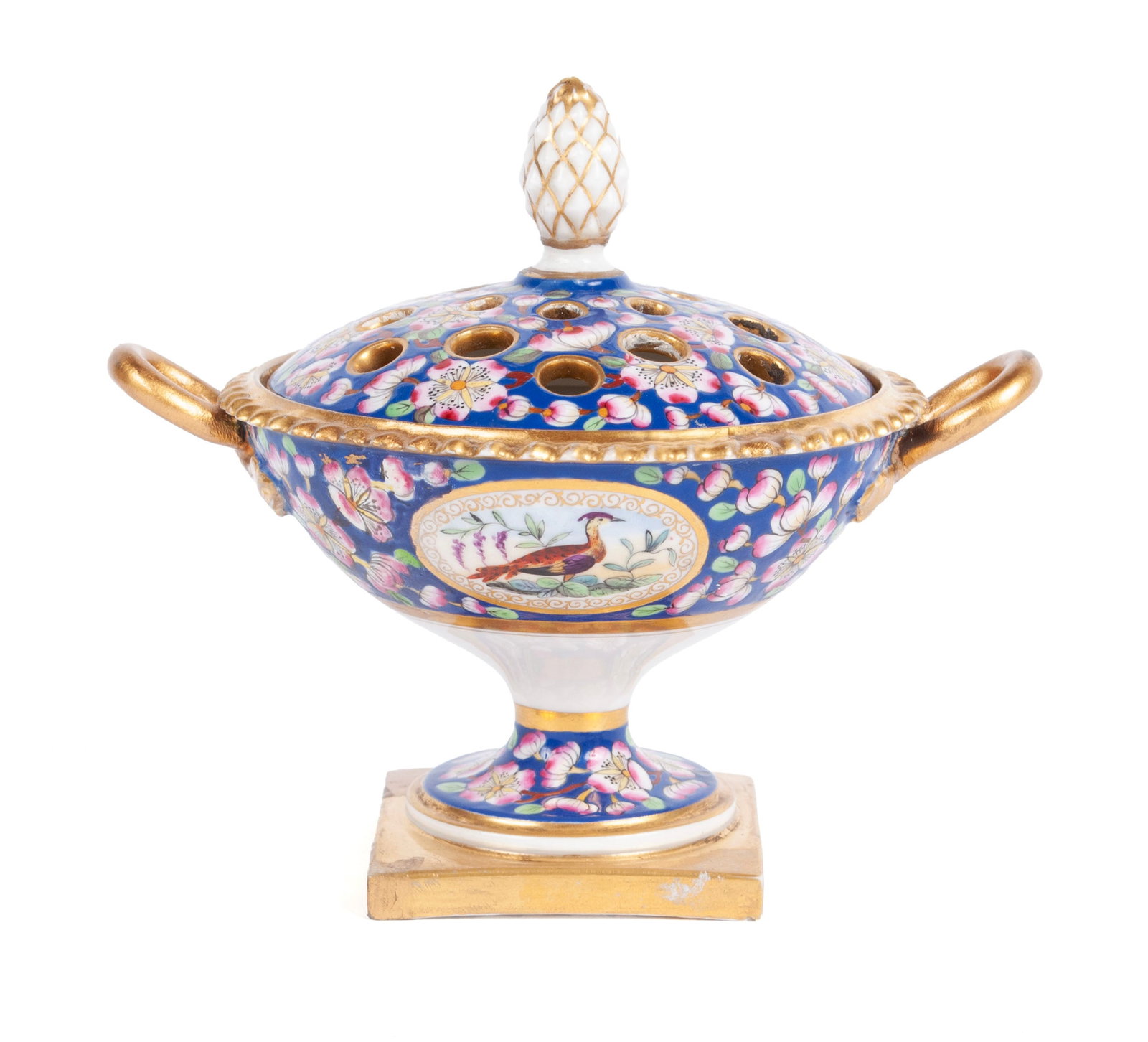 WORCESTER POTPOURRI FOR BARR, FLIGHT, & BARR: WORCESTER POTPOURRI FOR BARR, FLIGHT, & BARR English, 1813-1840, porcelain. Cobalt ground to the floral-decorated potpourri in covered compote form with panels of pheasants opposing gilt ring handles 