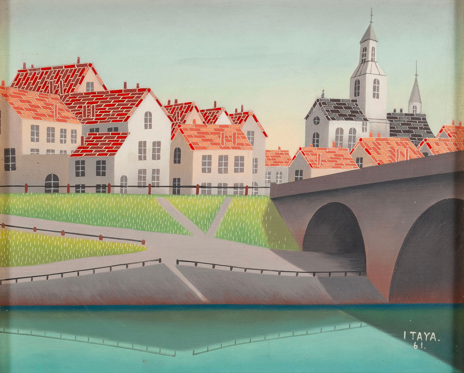 FOUSSA ITAYA (JAPANESE, B. 1919): Foussa ItayaJapanese, b. 1919Cityscape with bridge, dated 61Oil on canvassigned and dated lower right.8.6 x 10.7 in. (21.8 x 27.2 cm.), Frame: 14 1/4 x 16 1/4 in. (36.2 x 41.3 cm.)