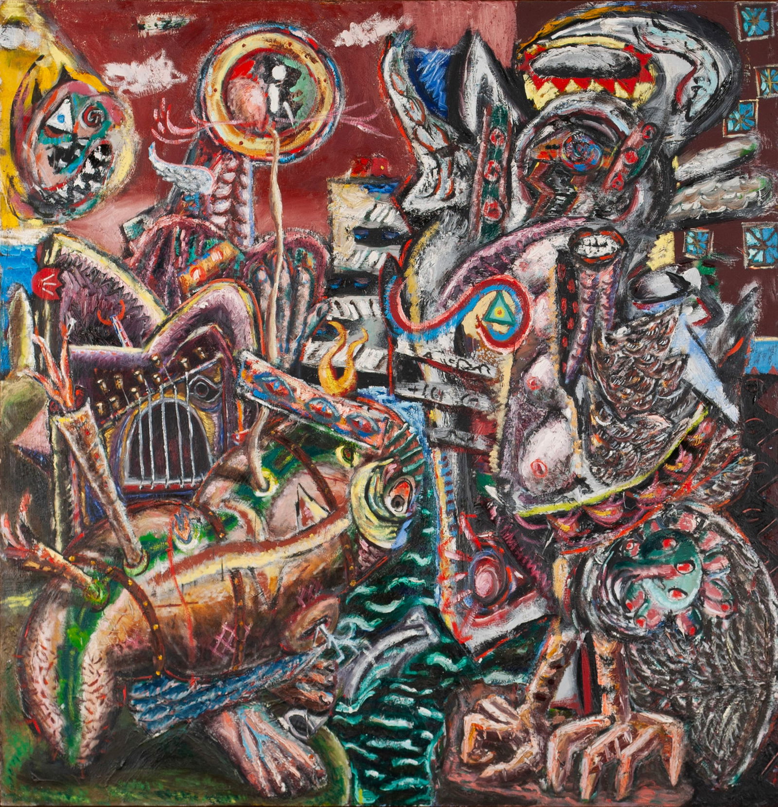 PHILIP ALLEN (AMERICAN, B. 1952): Philip AllenAmerican, b. 1952Orpheus, 1982Oil on canvas, signed to versoBusy, surreal abstract in large format, framed, label to verso for Rosa Esman Gallery, New York.Stretcher: 66 x 66 in. (167.6 x