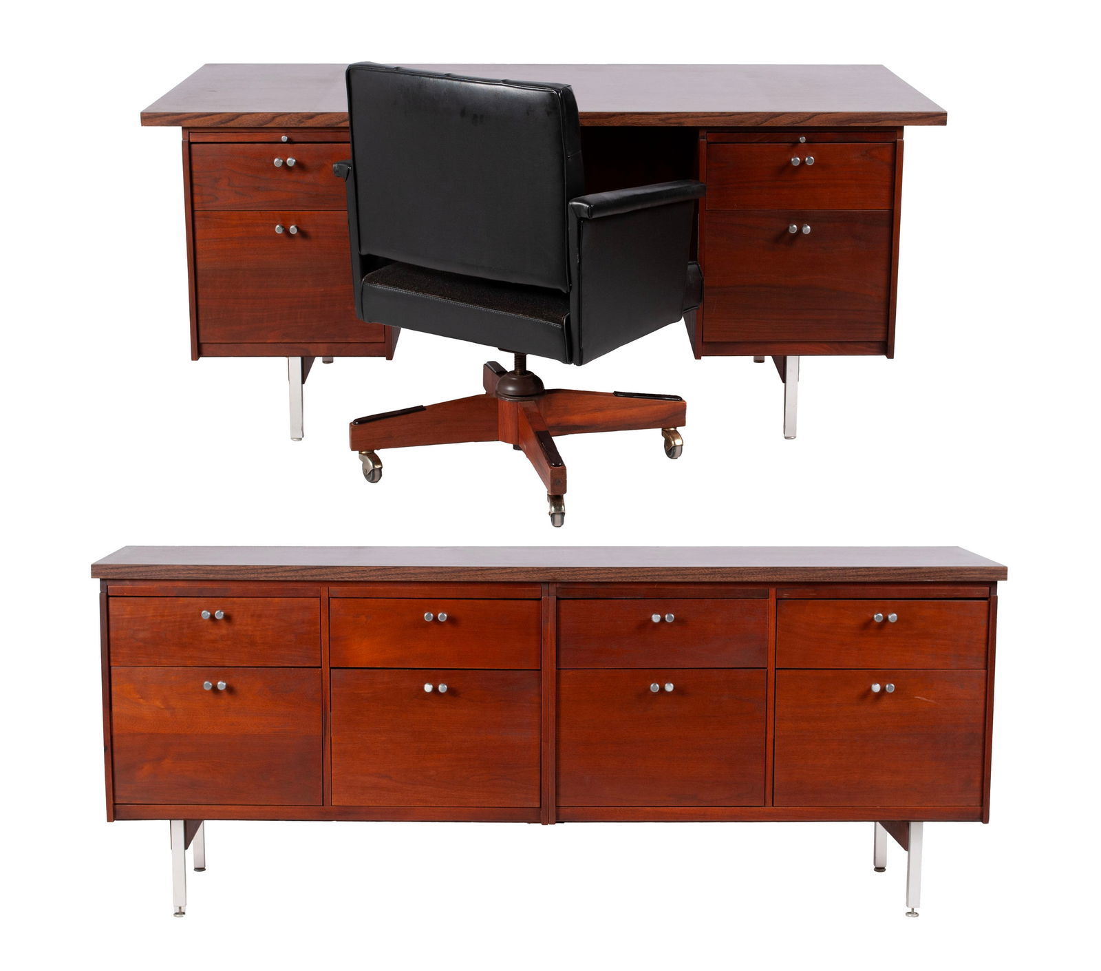 LEHIGH- LEOPOLD MCM DESK AND CREDENZA WITH CHAIR: LEHIGH- LEOPOLD MCM DESK AND CREDENZA WITH CHAIRDesk and credenza with an assortment of drawers, black faux leather swivel chair on rollers by BW Chair Company.Desk 29 x 30 x 66 in. (73.7 x 76.2 x 167
