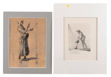 TWO WORKS OF ART: TWO WORKS OF ARTEuropean, 19th century. One an etching by John Thomas Smith of an old man in ragged clothes with a broom. Together with a watercolor of a young Dutch girl. Both unframed.15 3/4 x 12 in