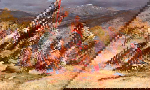 HOWARD TERPNING (AMERICAN, B. 1927): Howard TerpningAmerican, b. 1927Council of ChiefsGicleeNative American tribe members gather. Limited edition 241/950, hand signed by the artist.22 1/2 x 38 in. (57.2 x 96.5 cm.), Frame: 29 3/4 x 44 1