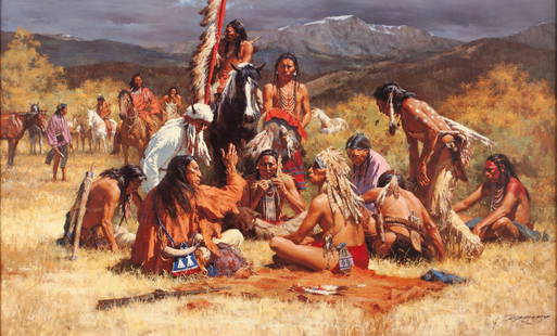 HOWARD TERPNING (AMERICAN, B. 1927): Howard TerpningAmerican, b. 1927Council of ChiefsGicleeNative American tribe members gather. Limited edition 241/950, hand signed by the artist.22 1/2 x 38 in. (57.2 x 96.5 cm.), Frame: 29 3/4 x 44 1