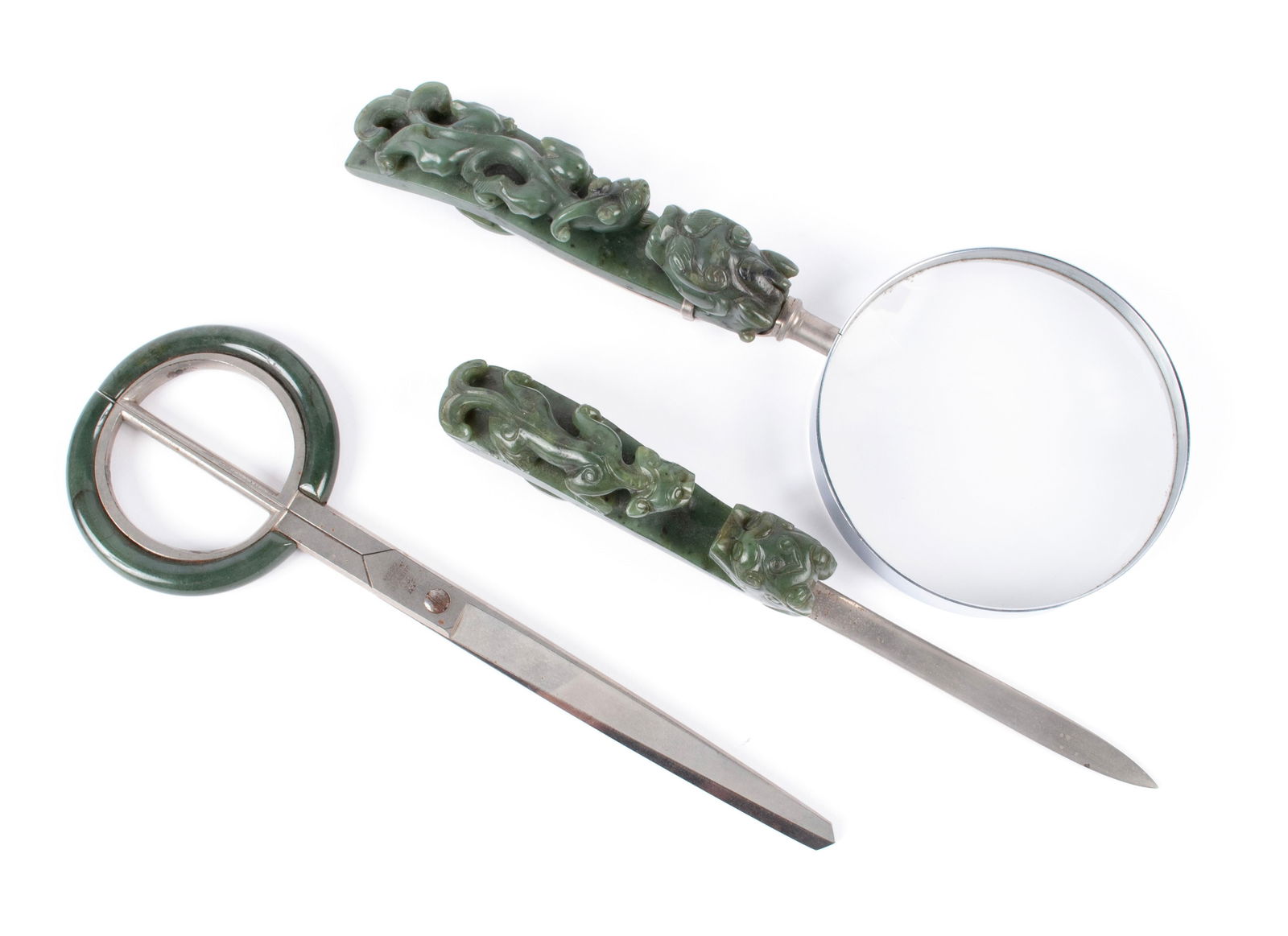 JADE BELT HOOK MAGNIFYING GLASS AND LETTER OPENER TOGETHER WITH PAIR OF SCISSORS (1 of 8)