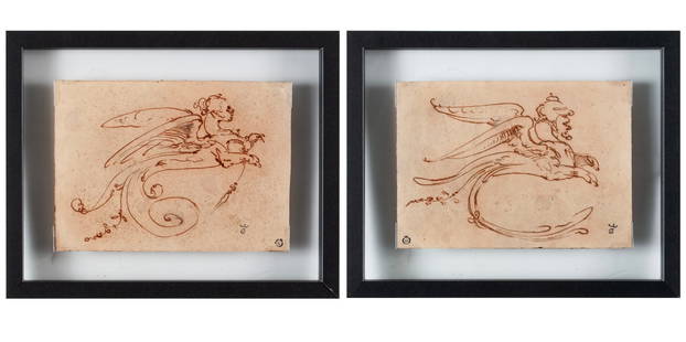 TWO DRAWINGS OF MYTHOLOGICAL CREATURES AFTER LUCA CAMBIASO: TWO DRAWINGS OF MYTHOLOGICAL CREATURES AFTER LUCA CAMBIASOItalian, 17th/18th century, pencil and brown ink. Pair of scroll work designs after Luca Cambiaso, the originals in the collection of Museo Na