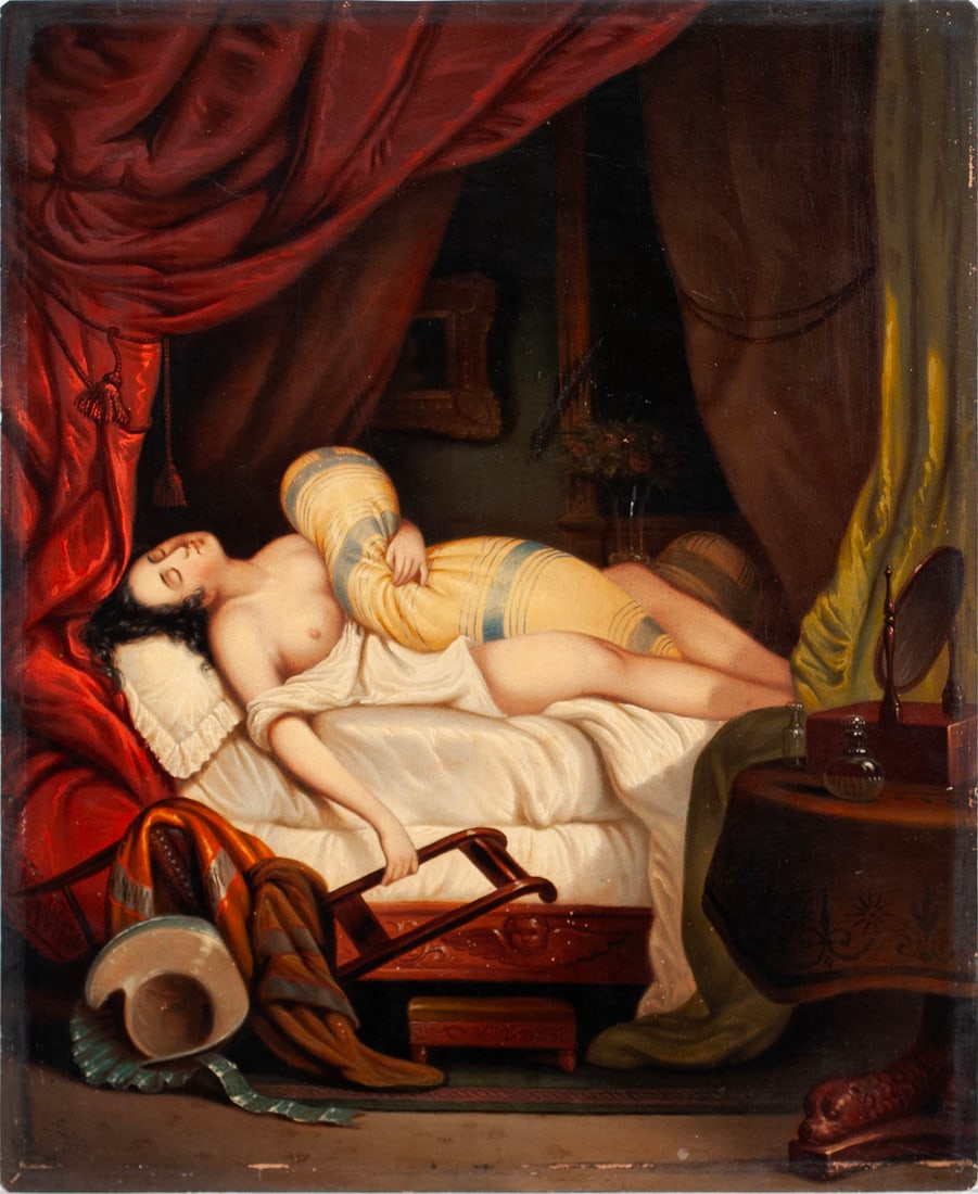 NUDE PORTRAIT ON TIN (CONTINENTAL, 18TH/19TH CENTURY): NUDE PORTRAIT ON TIN (CONTINENTAL, 18TH/19TH CENTURY) Continental, 18th/19th century, oil on tin, unsigned. Woman lying in repose sprawled languidly on a bed with red drapery, her bonnet and chair on 