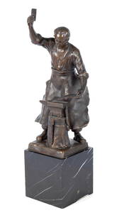 HANS KECK (GERMAN, 1875-1941): Hans Keck German, 1875-1941 Bronze Signed in the cast. Blacksmith swinging a hammer at work over an anvil. 14 3/4 x 4 1/4 in. (37.5 x 10.8 cm.)