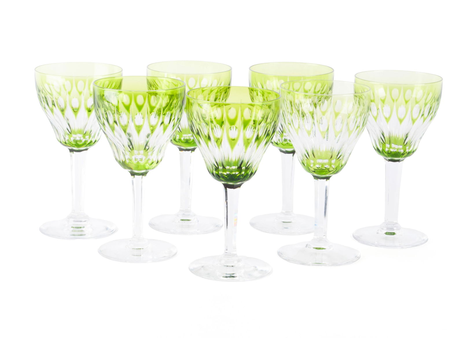 VAL ST. LAMBERT ZERMATT GREEN STEMWARE: VAL ST. LAMBERT ZERMATT GREEN STEMWAREBelgian, circa 1950-1962. Seven (7) stemmed wine goblets. Acid-etched to underside.6 1/2 in. (16.5 cm.)