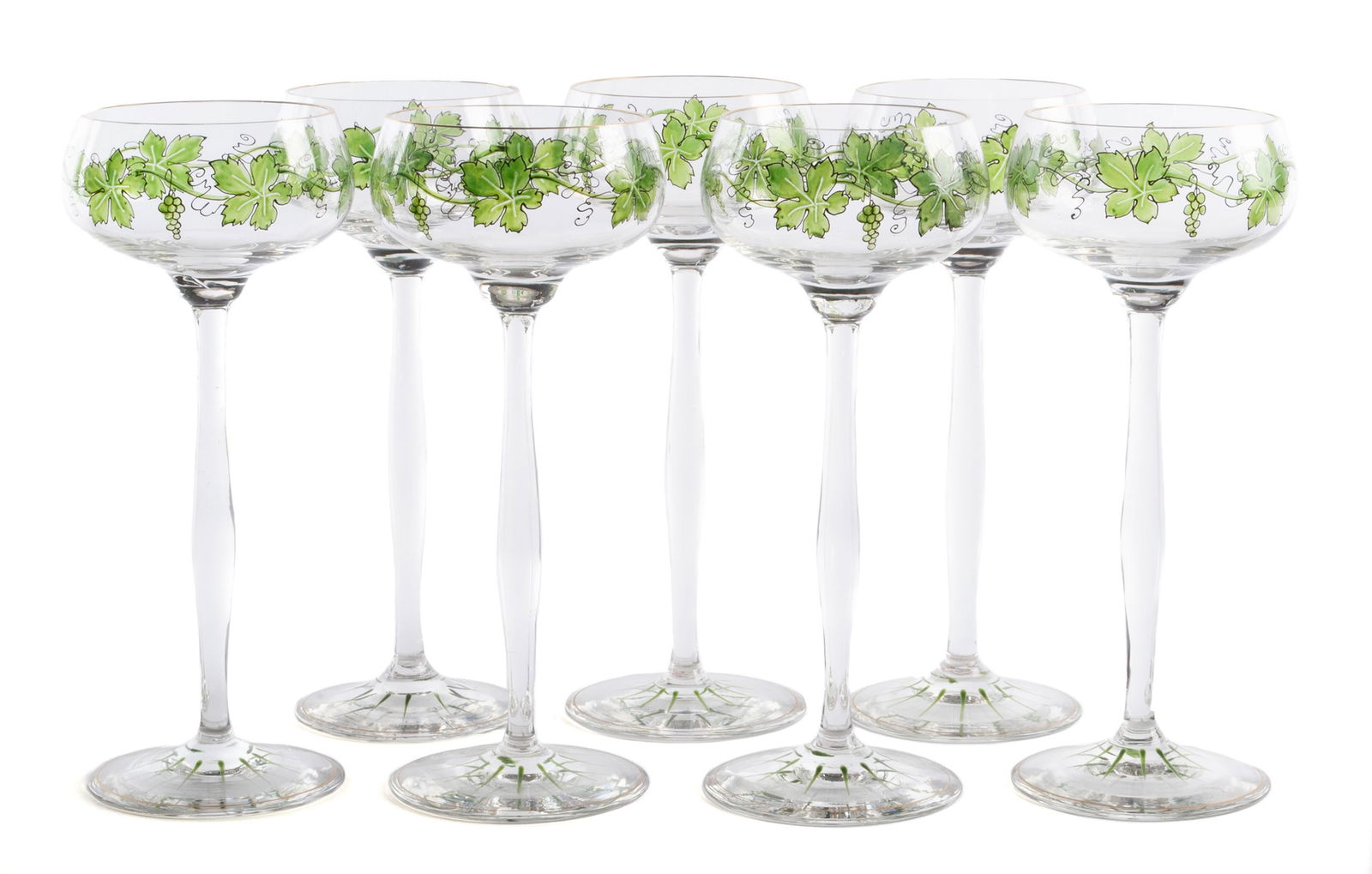 HANS CHRISTIANSEN ART NOUVEAU STEMWARE: HANS CHRISTIANSEN ART NOUVEAU STEMWAREDarmstadt, Germany, circa 1900. Seven (7) stemmed wine glasses with gilt trim and painted grapes and vines. Hans Christiansen (1866-1945) was a prolific German ar