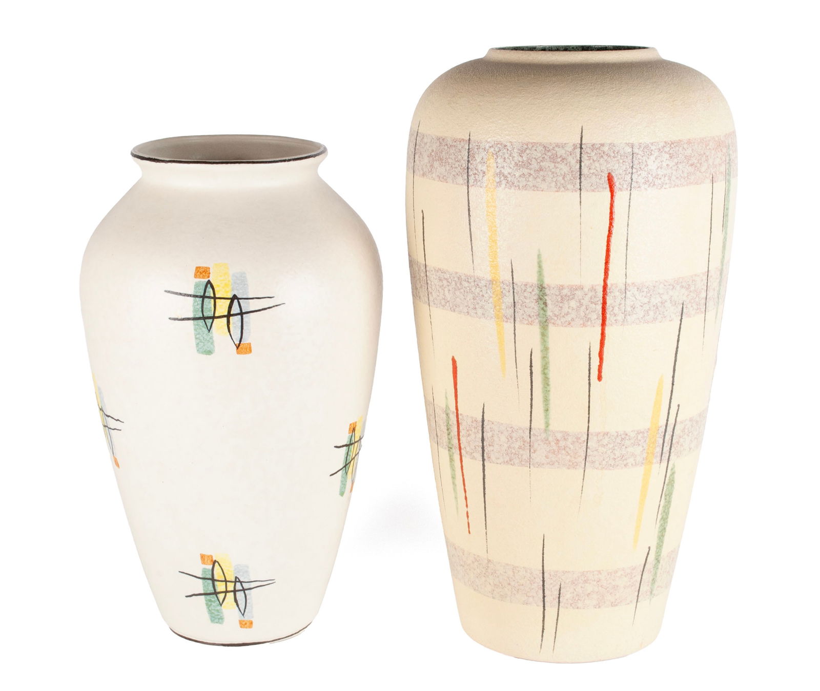 PAIRING OF TWO MCM SCHEURICH KERAMIK VASES: PAIRING OF TWO MCM SCHEURICH KERAMIK VASESWest Germany, circa 1950, two ceramic polychrome paint decoration on white glaze large vases, molded pattern numbers #106/42 and #517/50 underfoot.Larger: 19