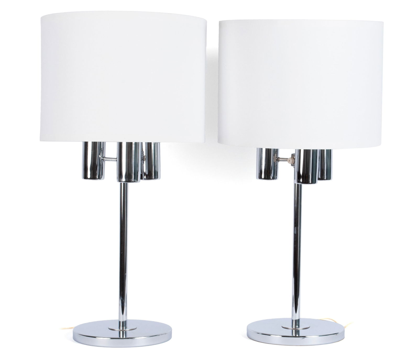 PAIR ROBERT SONNEMAN CHROME TABLE LAMPS: PAIR ROBERT SONNEMAN CHROME TABLE LAMPSMid-20th century. Three globes a top the chrome standards.31 3/4 x 16 3/4 in. (80.6 x 42.5 cm.)