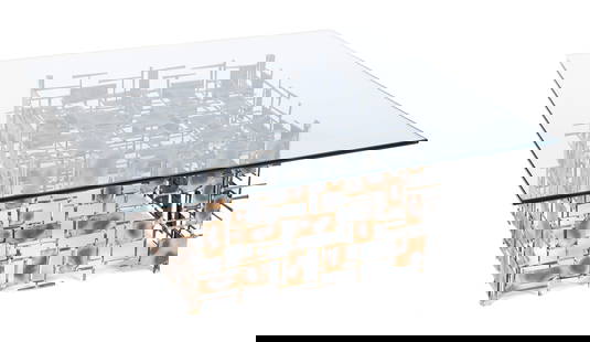 MARC CREATES BRUTALIST COFFEE TABLE: MARC CREATES BRUTALIST COFFEE TABLEAmerican, circa 1970s. Crudely welded brass and metal sheets to form the base with square glass top.Artist and inventor Mark Weinstein of Saint Louis Missouri, estab