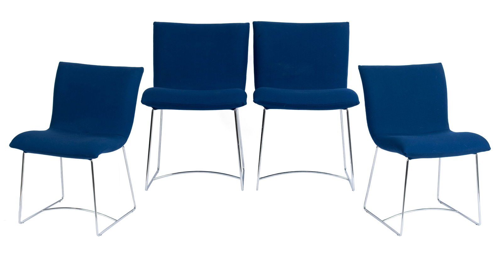SET OF FOUR "SALA" CHAIRS BY PASCAL MOURGUE FOR LIGNE ROSET: SET OF FOUR "SALA" CHAIRS BY PASCAL MOURGUE FOR LIGNE ROSETFrench, 21st century, chromium and blue upholstered set of four "Sala" dining chairs, Ligne Roset labels.33 x 27 x 20 in.