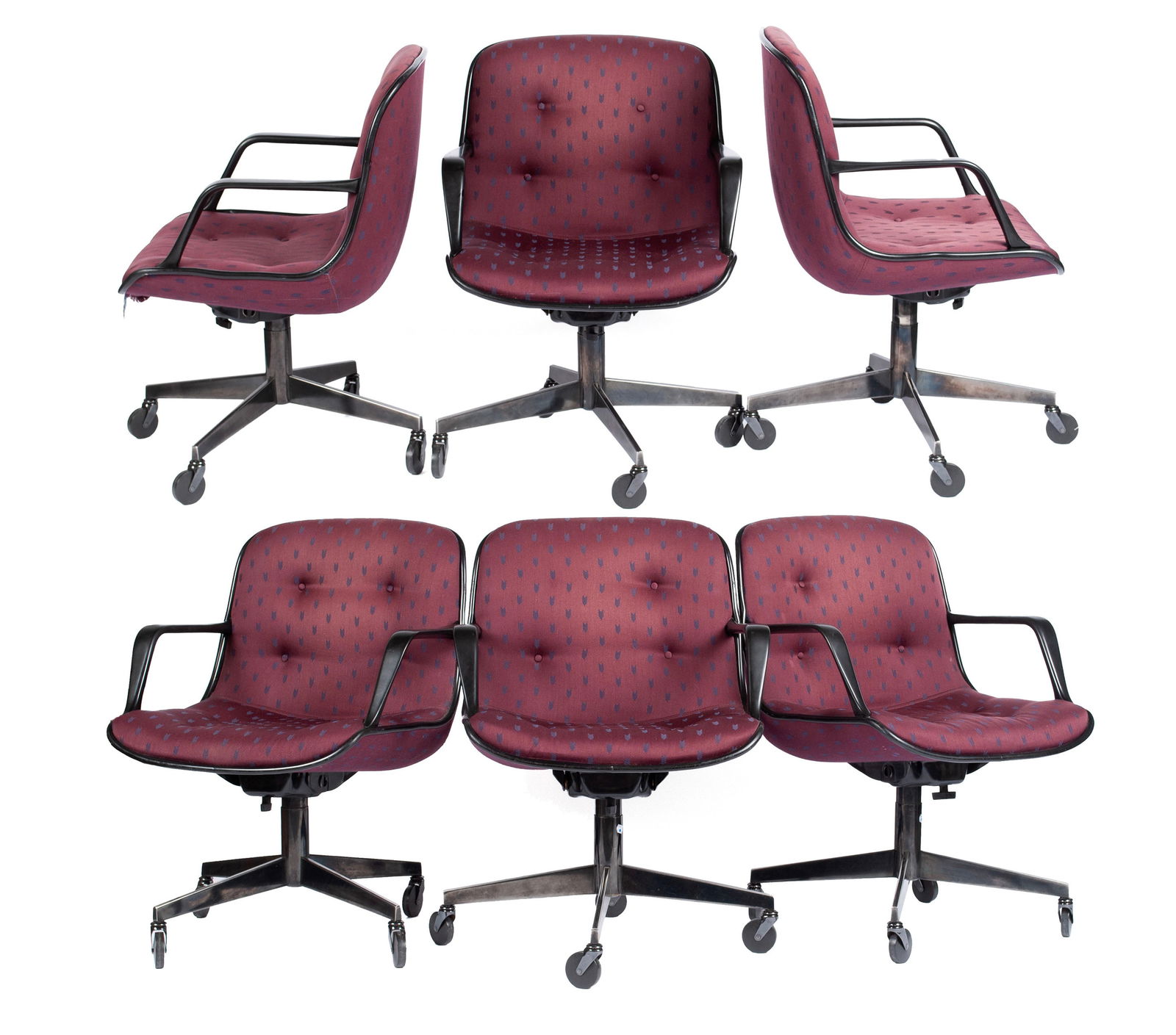 SET OF SIX STEELCASE OFFICE CHAIRS: SET OF SIX STEELCASE OFFICE CHAIRSAmerican, 20th Century. Six (6) Charles Pollock style executive chairs in burgundy upholstery with navy arrow pattern.35 1/2 x 24 x 19 in. (90.2 x 61 x 48.3 cm.)