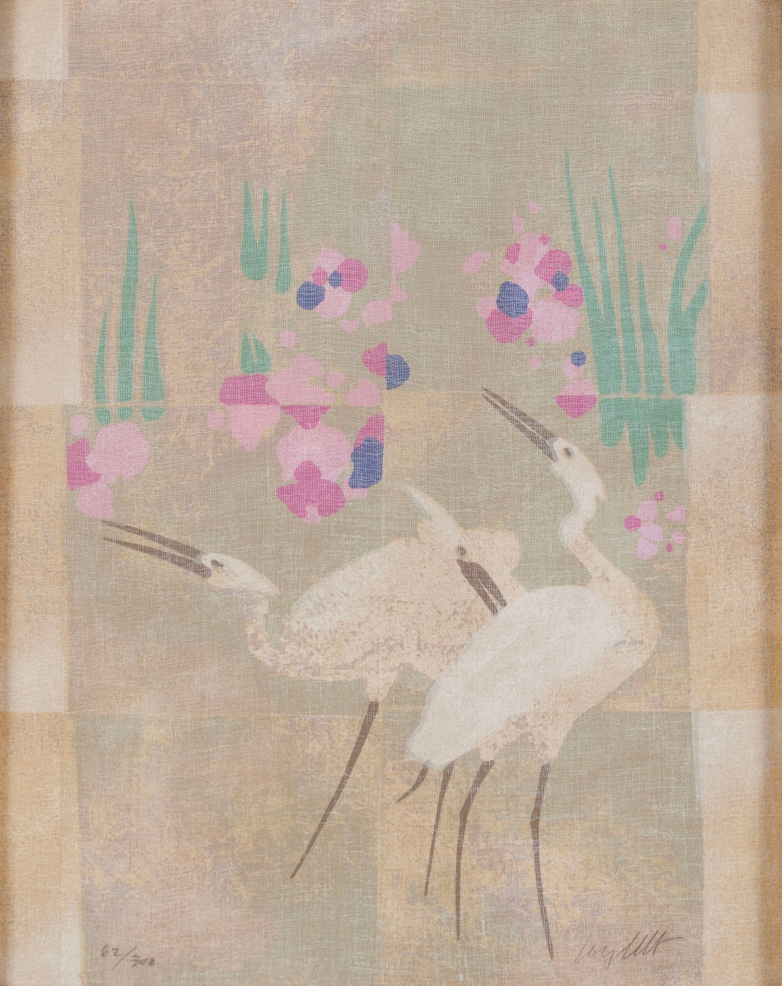 SERIGRAPH OF CRANES: SERIGRAPH OF CRANES Pencil signed illegibly to lower right and numbered 62/300 to lower left. White cranes on yellow-green ground with pink and purple flowers and textured elements. Sight: 19 1/2 x 15