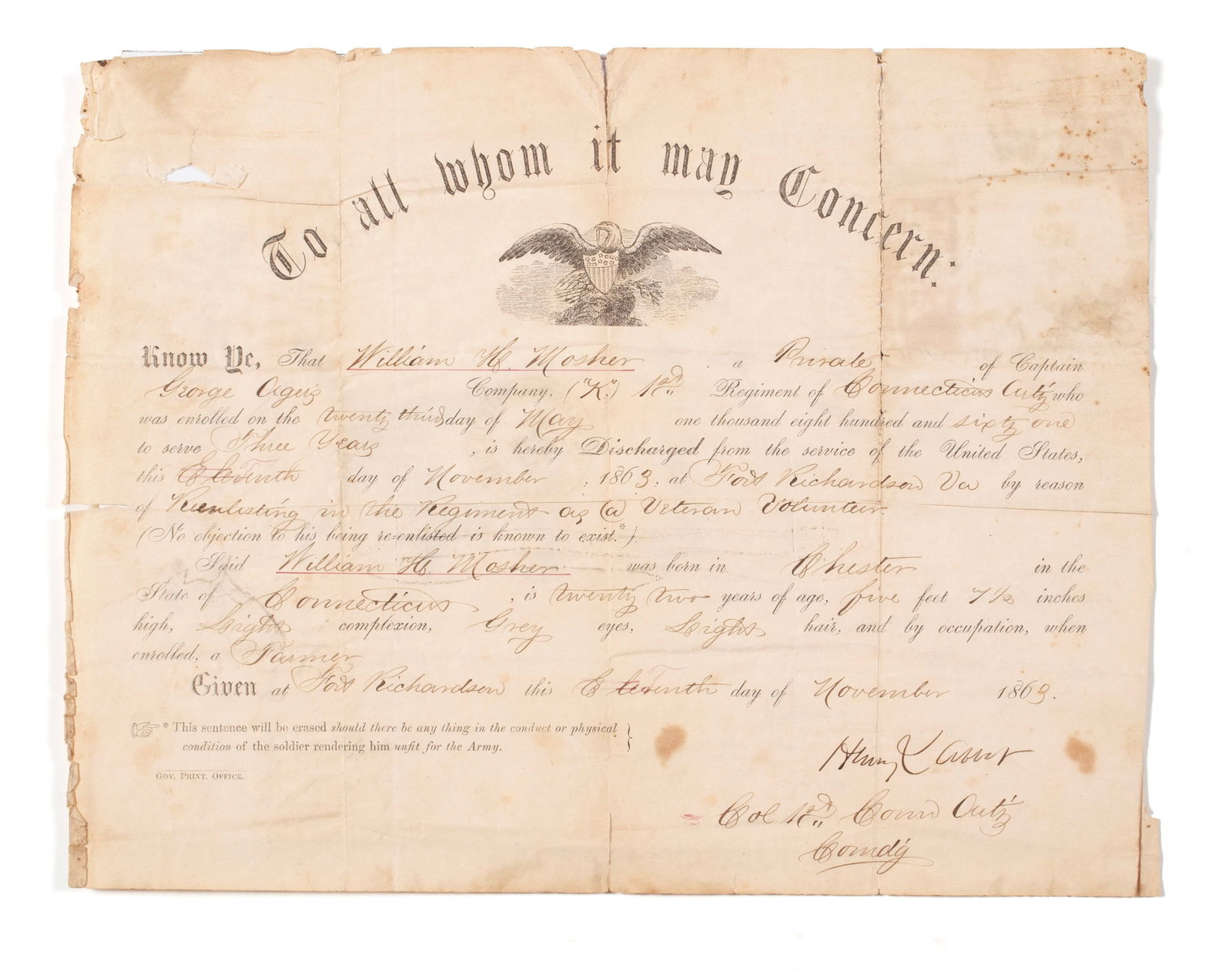 CIVIL WAR DISCHARGE PAPER FOR PRIVATE WILLIAM MOSHER (1 of 11)