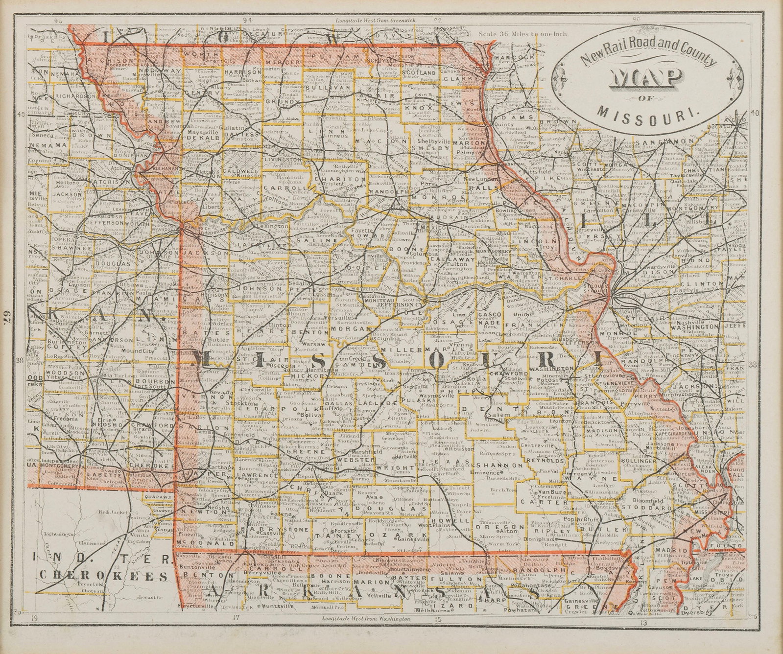 NEW RAILROAD AND COUNTY MAP OF MISSOURI: NEW RAILROAD AND COUNTY MAP OF MISSOURI Chicago, circa 1878, From Cram's Illustrated Family Atlas of the World, published by George F. Cram, machine colored. 10 x 12 in. (25.4 x 30.5 cm.), Frame: 16 x