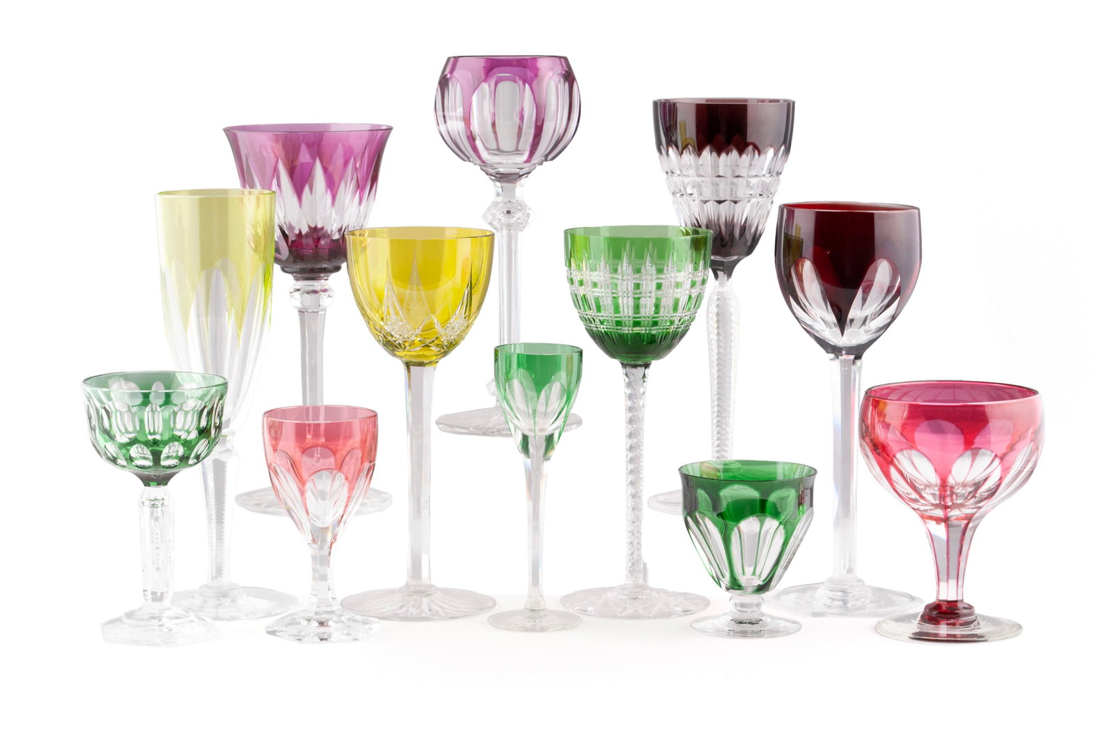 COLLECTION OF CUT TO CLEAR STEMWARE (26): COLLECTION OF CUT TO CLEAR STEMWARE (26) Continental, 20th century. twenty-six (26) pieces total, including Baccarat, Val Saint Lambert, Saint-Louis Cristal, Libbey. Amethyst, emerald, cranberry, char