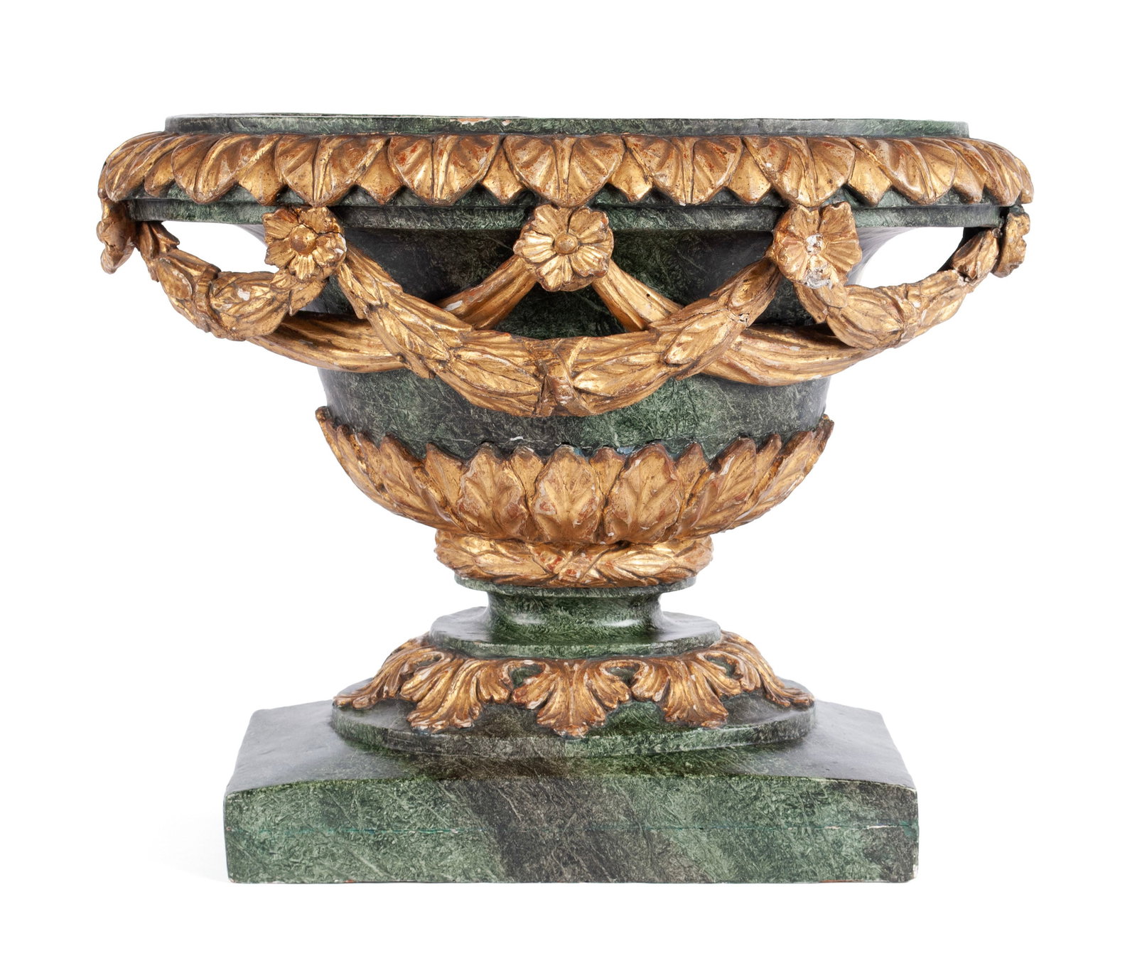 CARVED AND PAINTED WOODEN URN: CARVED AND PAINTED WOODEN URN Italian, early 20th century, gesso painted as faux green marble. Fine detailed carving with gilt highlights to the upper rim. Festoons and foliate highlights down low, in