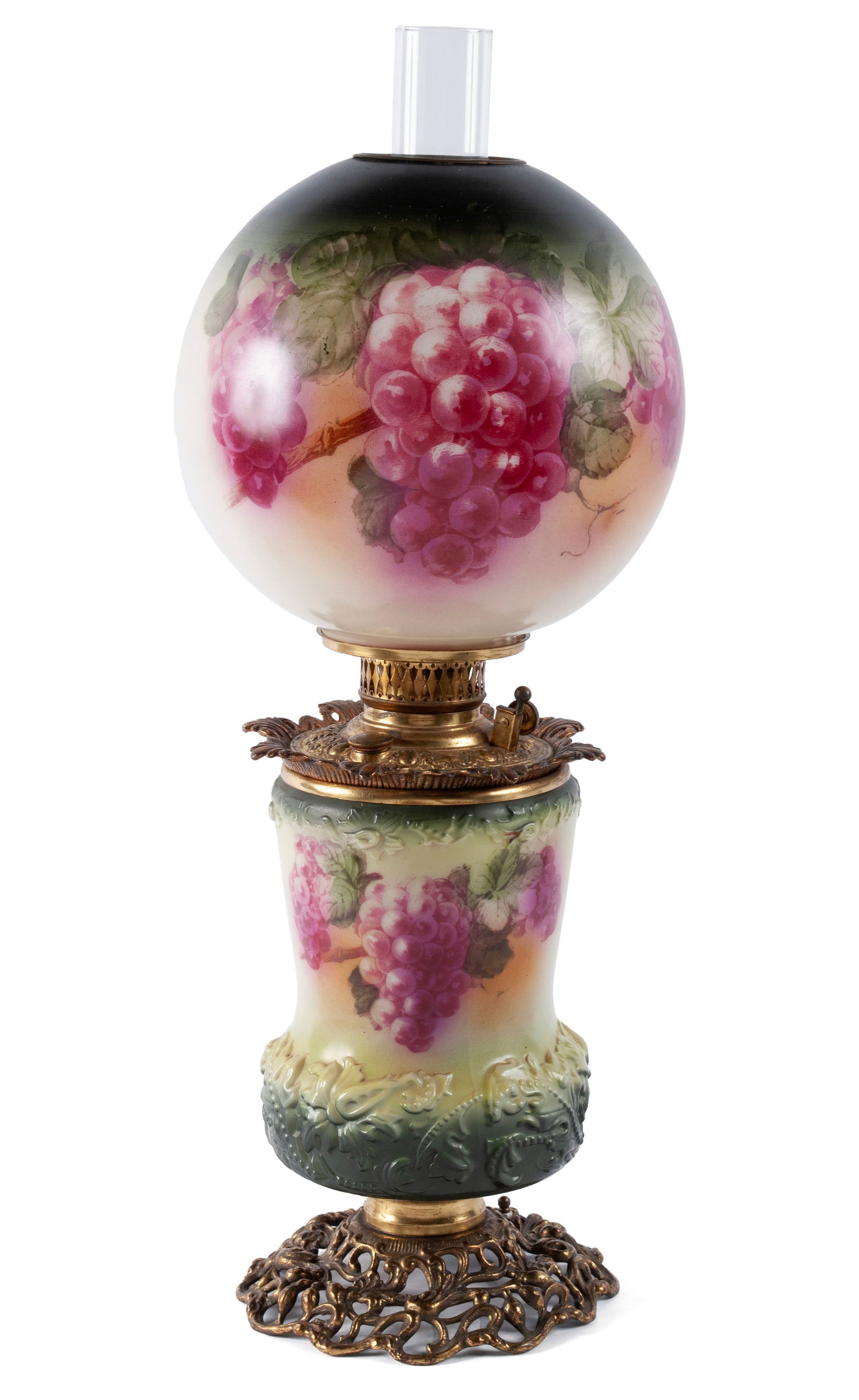 GONE WITH THE WIND STYLE KEROSENE LAMP: GONE WITH THE WIND STYLE KEROSENE LAMPAmerican, late 19th century, electrified. Glass globe and standard both hand-painted with grapes, the standard formed with foliage in relief, with gilt metal moun