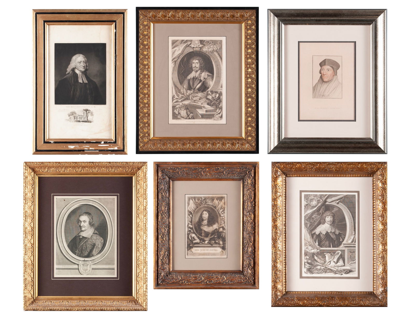 EUROPEAN ARISTOCRATIC ENGRAVINGS: EUROPEAN ARISTOCRATIC ENGRAVINGSEnglish and Continental, 17th/18th century. Six (6) pieces, including: The Reverend John Wesley (1703-1791), painted by G. Romney,1789, engraved by M. Ward, matted unde