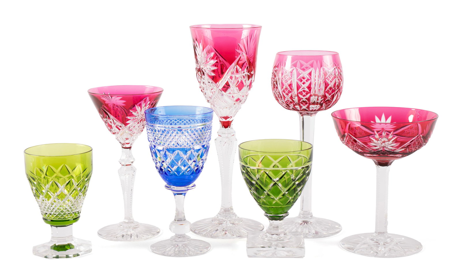 COLLECTION OF CUT TO CLEAR STEMWARE (24): COLLECTION OF CUT TO CLEAR STEMWARE (24) Continental, 20th century. Val Saint Lambert, Tudor, Cristal Saint Louis. Twenty-four (24) cut to clear glasses. Wine, champagne/sherbet, and cocktail styles i