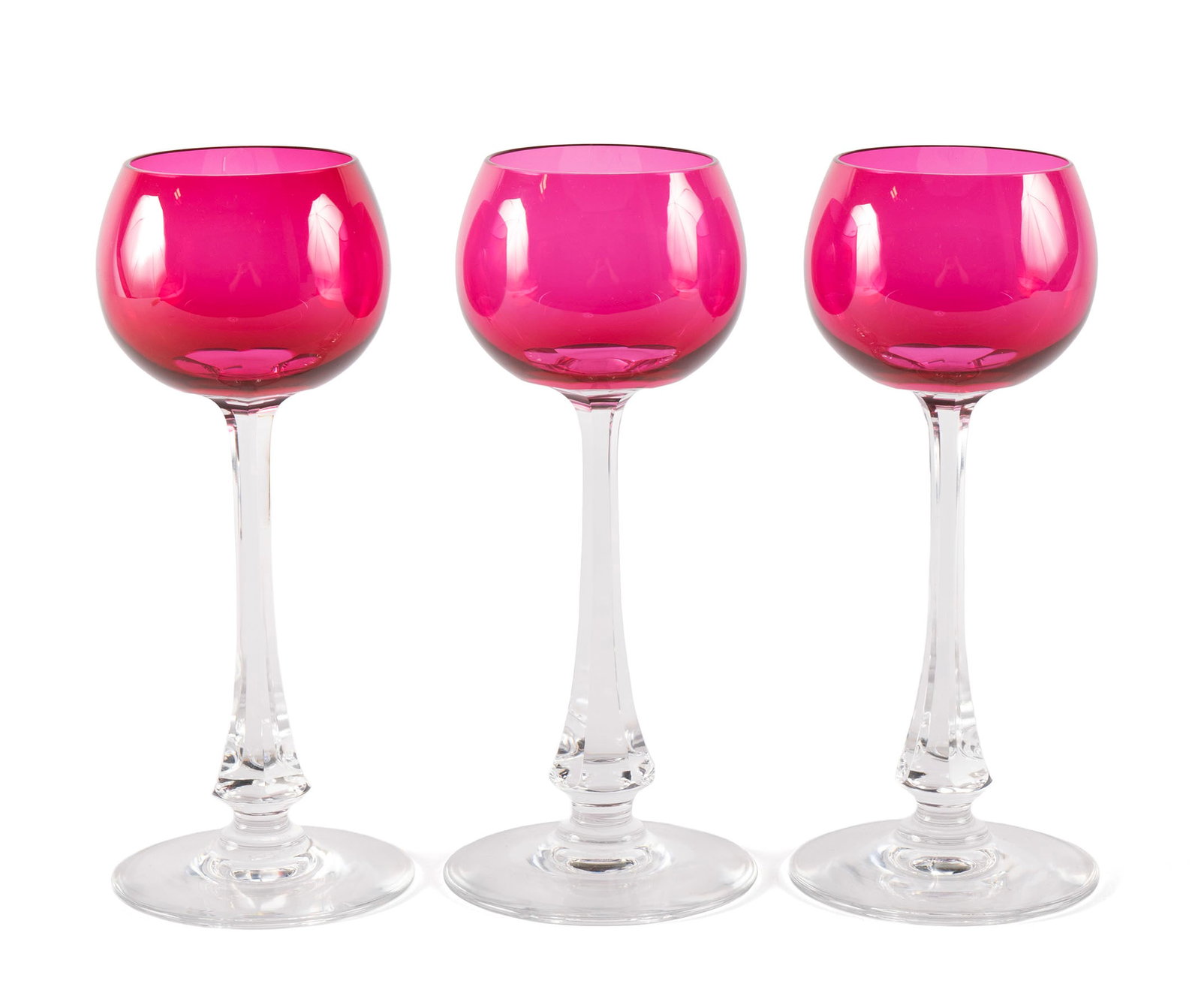 BACCARAT STEMWARE (3): BACCARAT STEMWARE (3) French, 20th century. Three (3) Baccarat cranberry wine glasses. 7 3/4 in. (19.7 cm.)