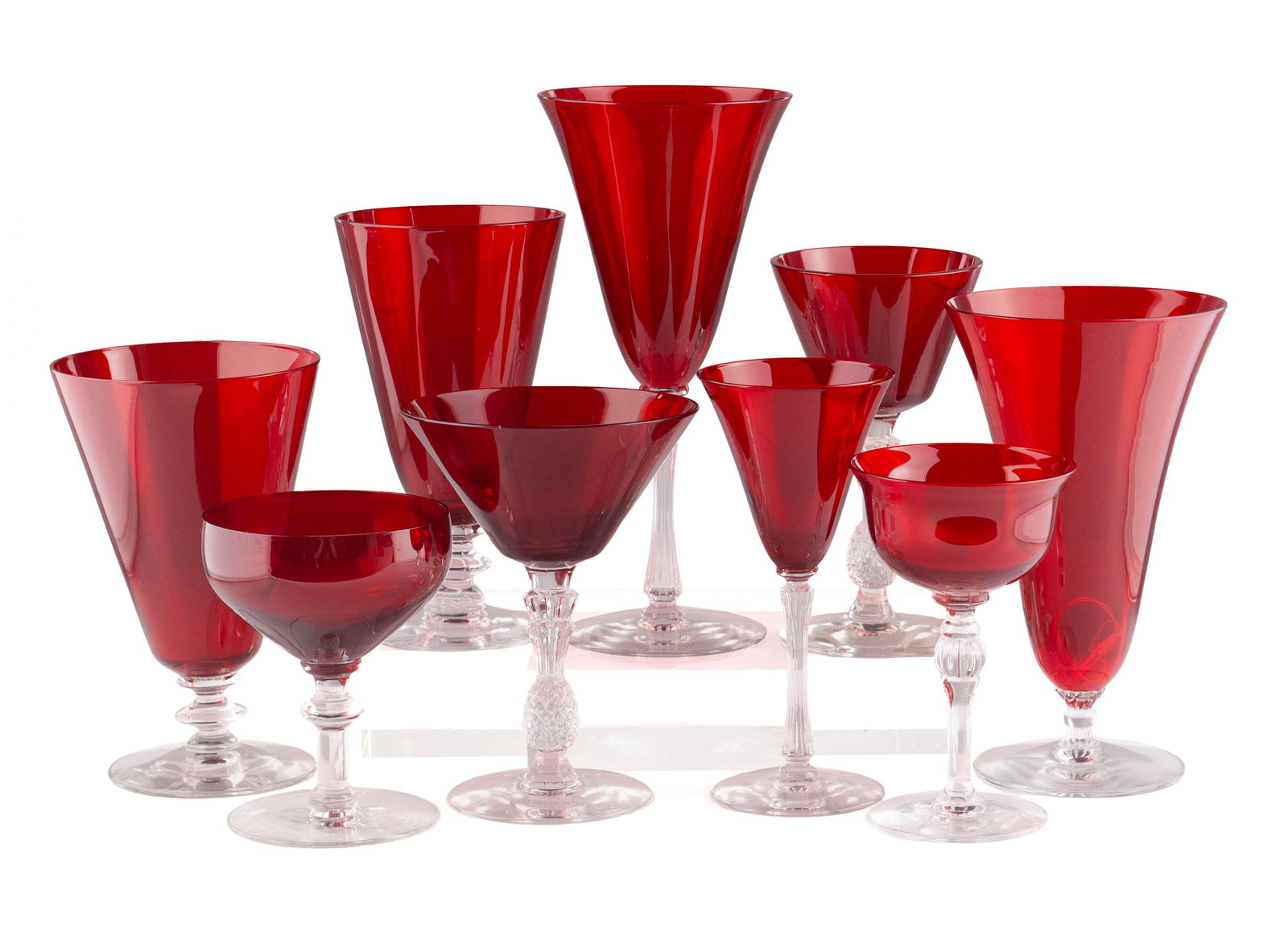 COLLECTION OF RUBY RED MORGANTOWN STEMWARE (41): COLLECTION OF RUBY RED MORGANTOWN STEMWARE (41)American, 20th century. Forty-one (41) pieces, including:Plantation/Pineapple: four (4) champagne, 5.75"; two (2) cocktail, 5.75"Empress: four