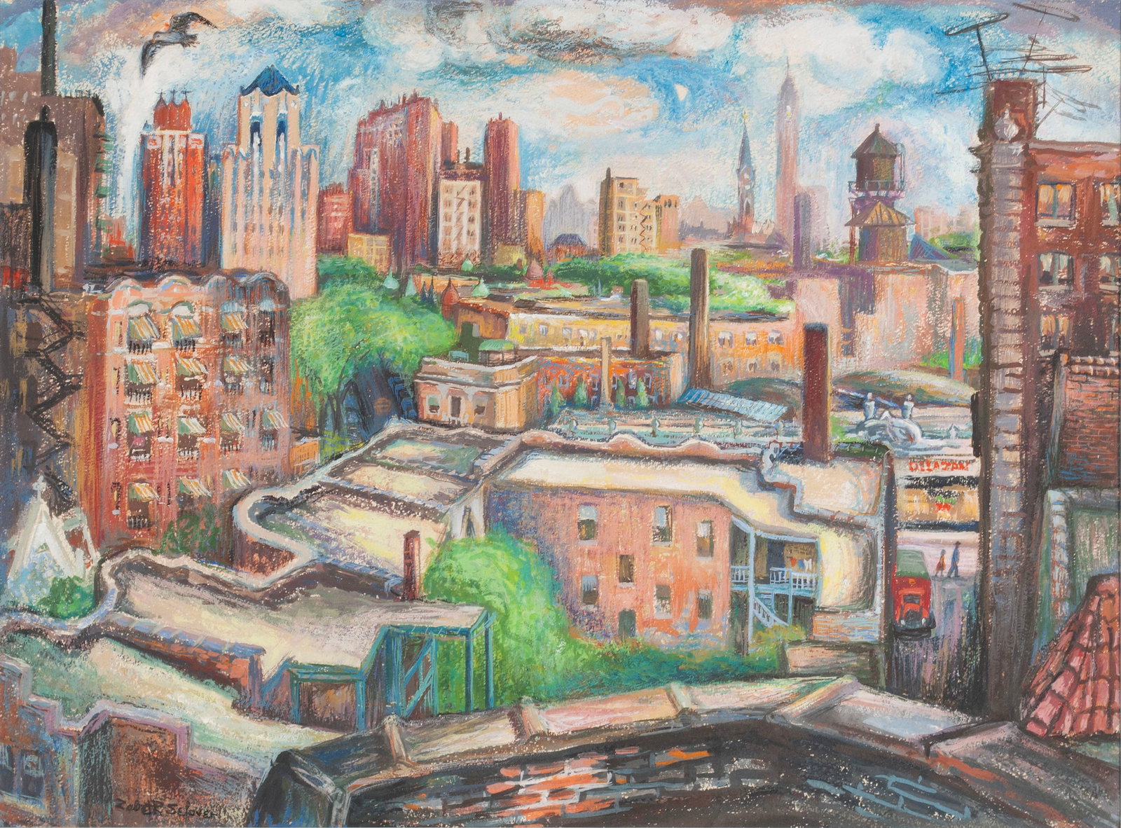 ZABETH SELOVER (AMERICAN (ILLINOIS), 20TH C.): Zabeth Selover American (Illinois), 20th c. Pastel A scene from a rooftop spanning a cityscape of high rises and rooftops. Signed lower left, framed. Sight: 18 x 24 1/2 in. (45.7 x 62.2 cm.), Frame: 2