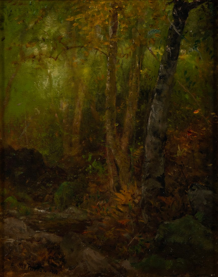ARTHUR PARTON (AMERICAN, 1842-1914): Arthur PartonAmerican, 1842-1914Oil on canvasSigned lower left, shadowy forest landscape, gilt framed.Sight: 17 x 14 in. (43.2 x 35.6 cm.), Frame: 23 1/4 x 20 3/4 in. (59.1 x 52.7 cm.)