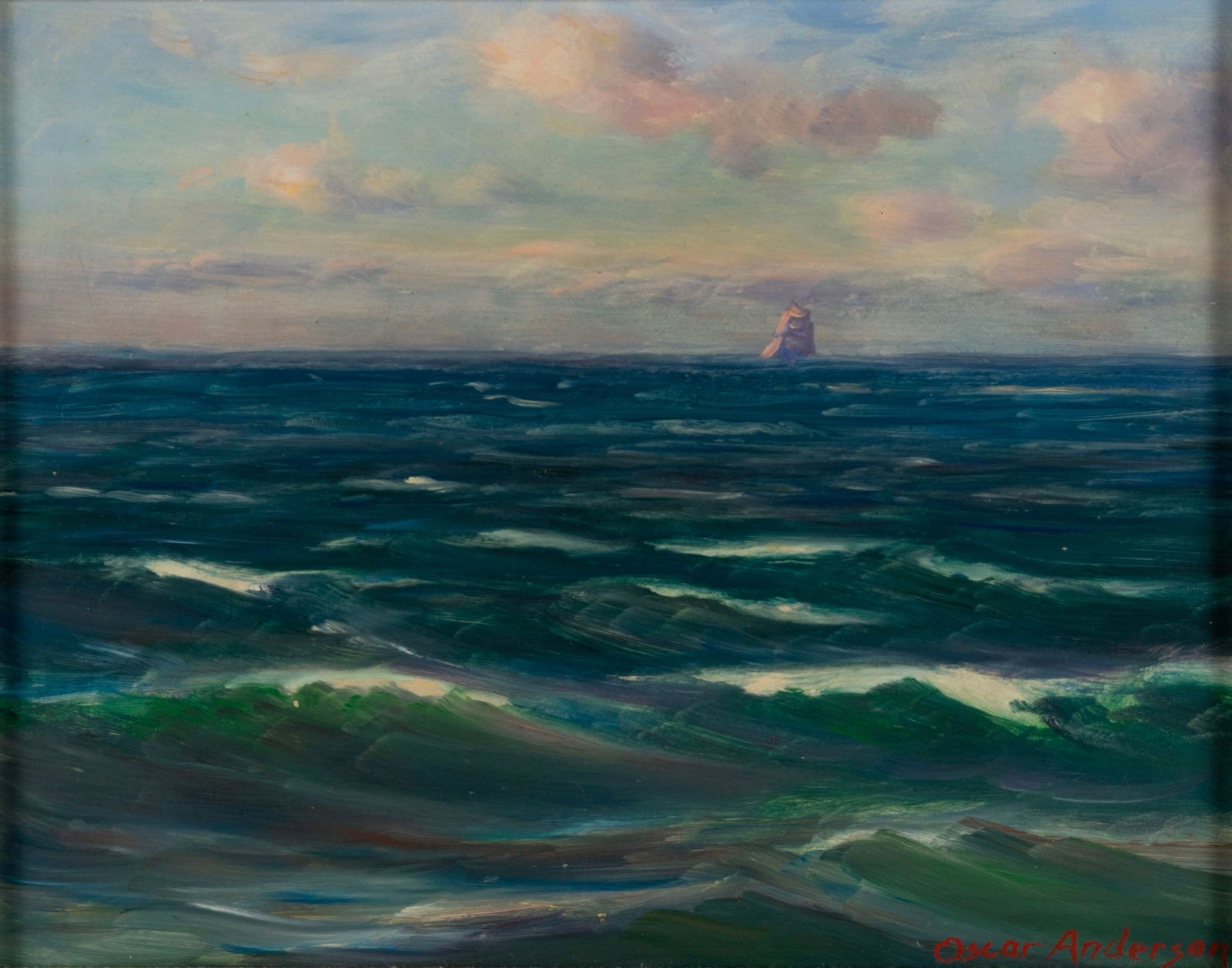 OSCAR ANDERSON (AMERICAN, 1873-1953): Oscar AndersonAmerican, 1873-1953Oil on canvasSeascape with boat in the background, signed lower right, framed.Sight: 7 1/2 x 9 1/2 in. (19.1 x 24.1 cm.), Frame: 13 x 15 in. (33 x 38.1 cm.)