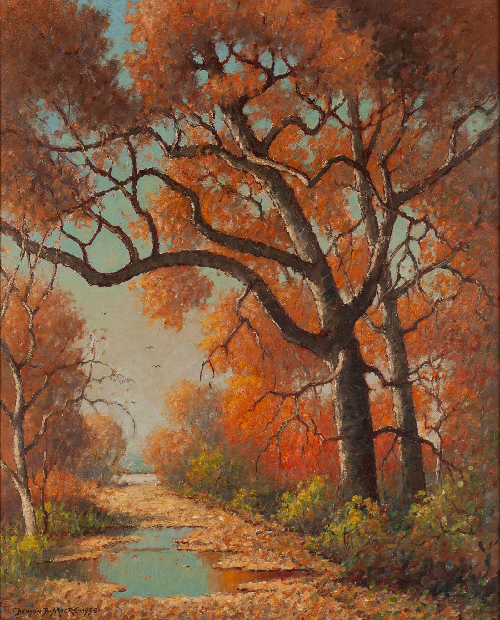 BENSON BOND MOORE (AMERICAN, 1882-1974): Benson Bond MooreAmerican, 1882-1974Old Maryland Lane in AutumnOil on board, 1958Signed and dated, titled verso with a personal note, signature and date by the artist. Autumn landscape along a path, f