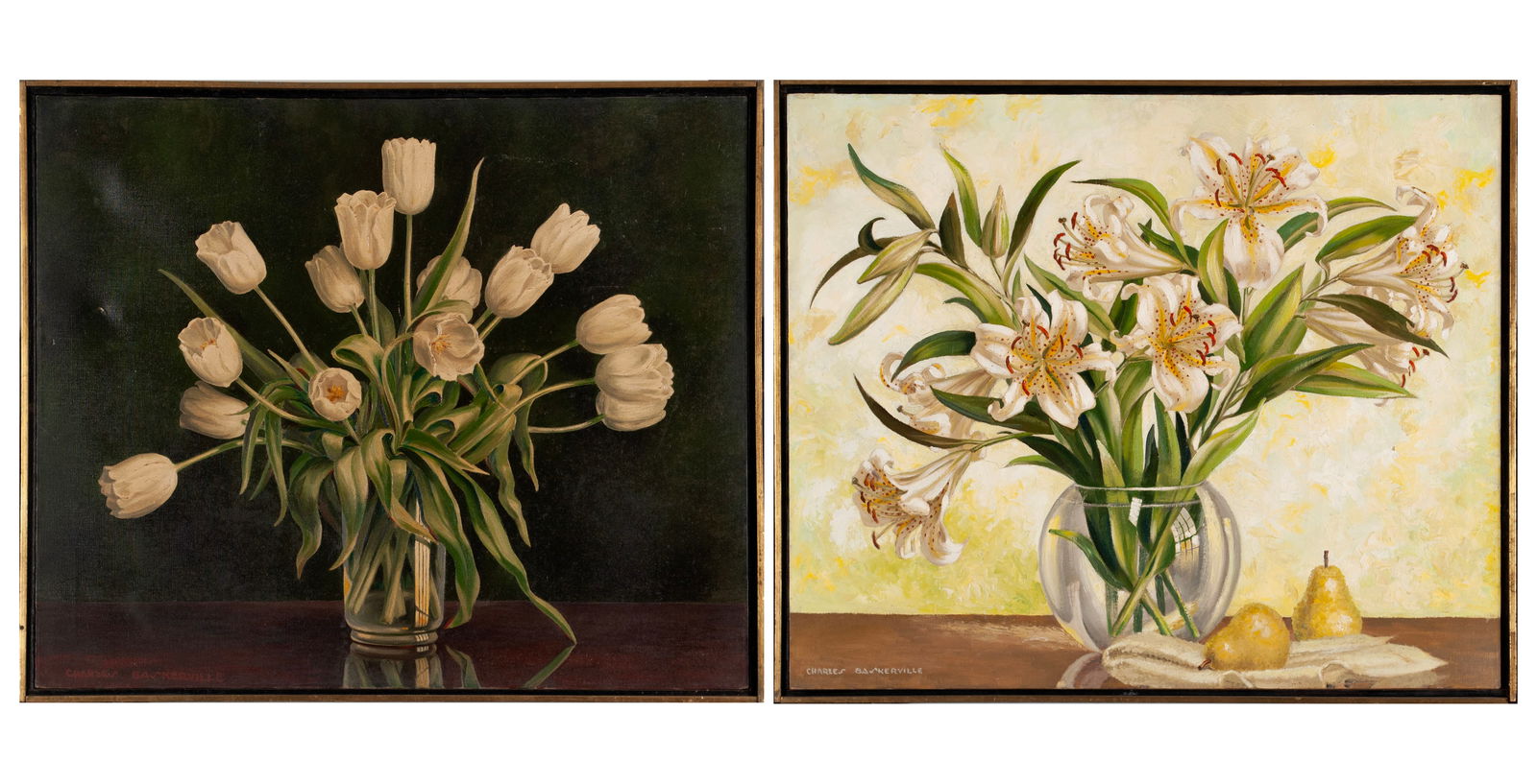 CHARLES BASKERVILLE (AMERICAN, 1896-1994): Charles BaskervilleAmerican, 1896-1994Oil on canvasTwo (2) works, both signed. Still life tabletop images of flowers, one with white lilies in a vase, the other of white tulips in a vase, framed.Sight