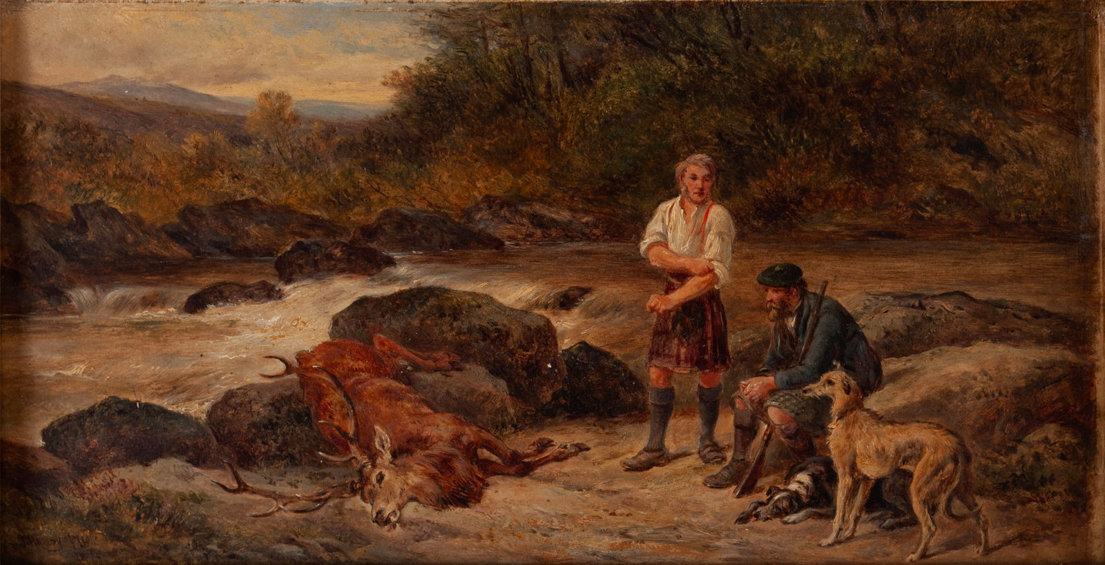 JAMES HARDY JR (BRITISH, 1832-1889): James Hardy, Jr.British, 1832-1889Oil on boardSigned and dated 76 lower left. Hunters and dogs with game by the creek.Sight: 5 1/2 x 10 in. (14 x 25.4 cm.), Frame: 8 1/4 x 13 in. (21 x 33 cm.)
