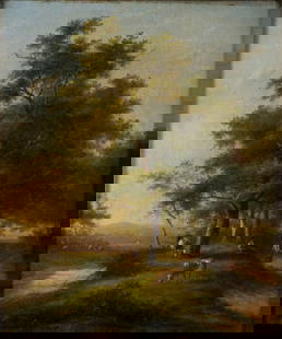 JAN EVERT MOREL (DUTCH, 1835-1905): Jan Evert MorelDutch, 1835-1905Oil on canvasContinental, 19th century. Cows and two figures to foreground in a tree lined landscape, signed lower left. Gilt wood frame.Stretcher: 12 1/2 x 10 1/2 in. (