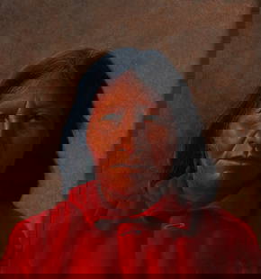 FRANK HOWELL (AMERICAN, 1937-1997): Frank HowellAmerican, 1937-1997Red ShirtOil on boardSigned, gallery label verso for Breckenridge Galleries, Inc., Breckenridge, CO. USA. Portrait of a Natie American wearing a red shirt, framed.Sight: